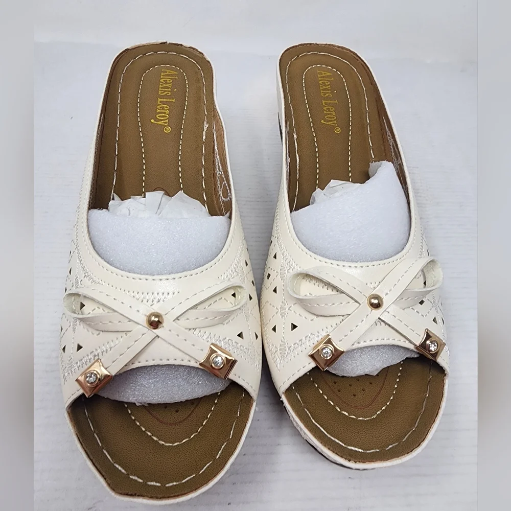White Cream‎ Cutout Wedge Slides Sandals Bow Detail Comfort Size 10